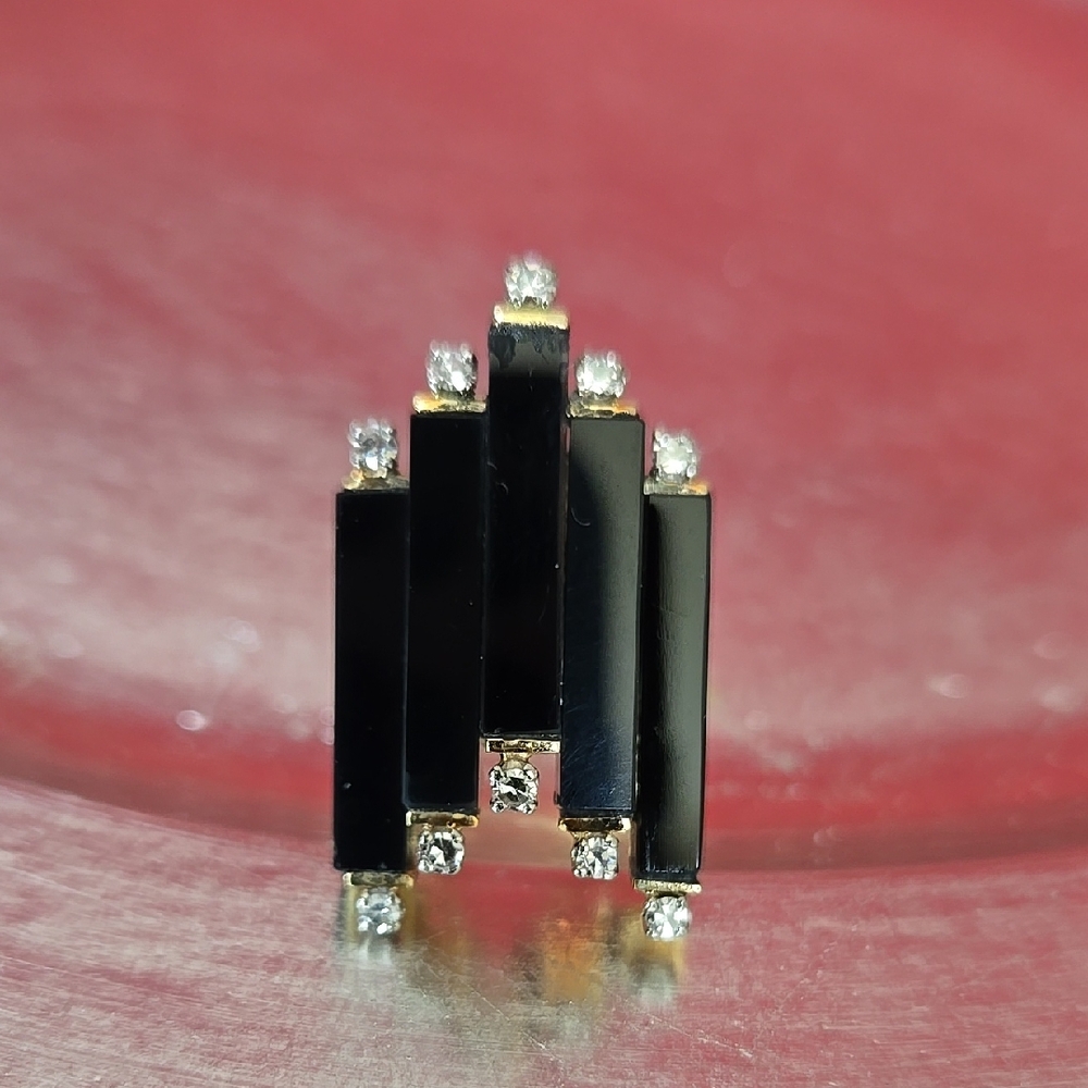 Vtg Womens Mod Deco 14K Onyx Diamond Columnated Serpentine Band Cocktail Ring
